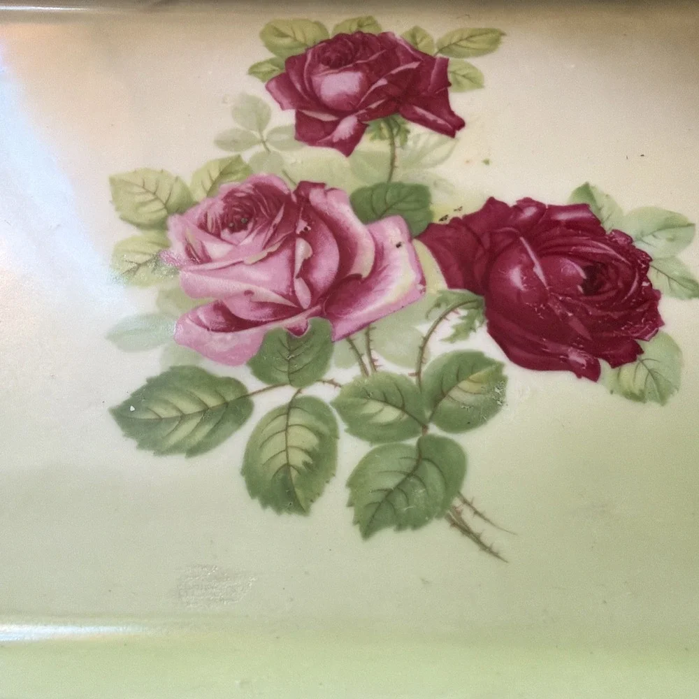Vtg Painted Vanity Tray From Austria Pink Roses Gold Trim 8.5